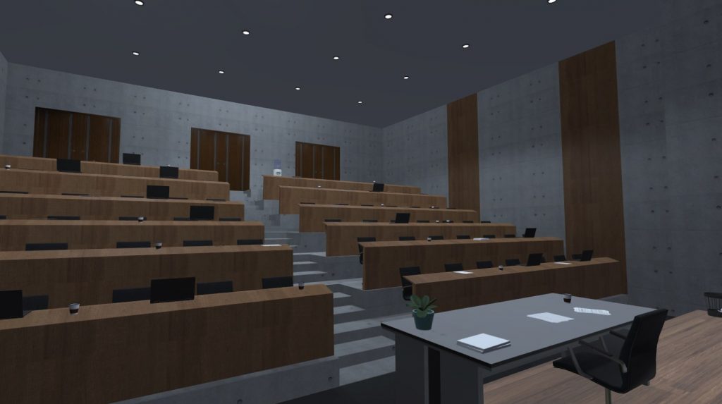 Virtueller Hörsaal mit Sitzplätzen für das Publikum und einem Schreibtisch für den Redner