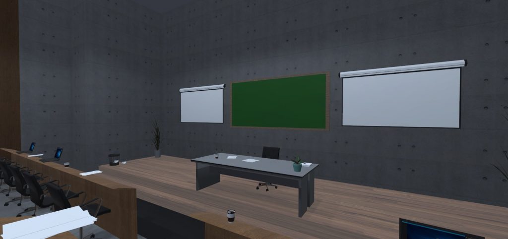 Virtueller Hörsaal mit Blick auf den Schreibtisch des Redners